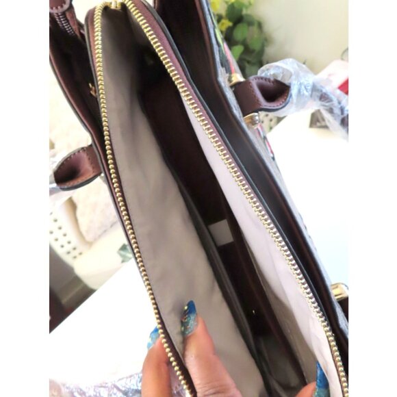 Designer Style Brown Tan Floral Geometric Diamond Monogram Handbag Purse Satchel - Picture 6 of 9